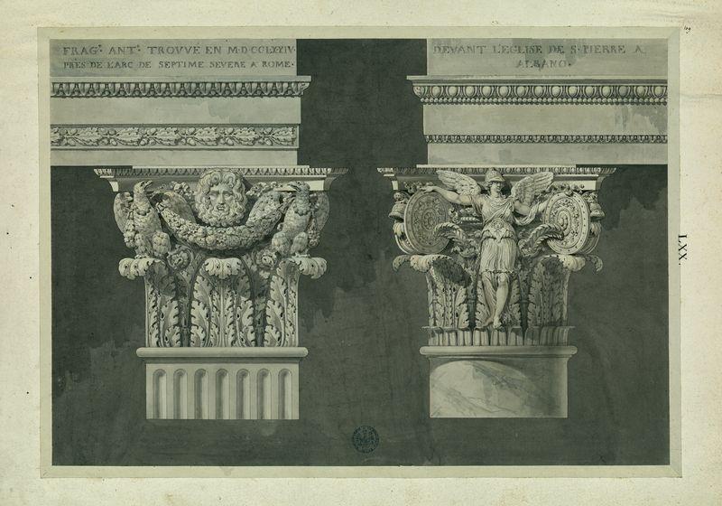 Deux entablements antiques trouvés l'un en 1774 près de l'Arc de Septime-Sévère à Rome, l'autre devant l'église de Saint-Pierre à Albano