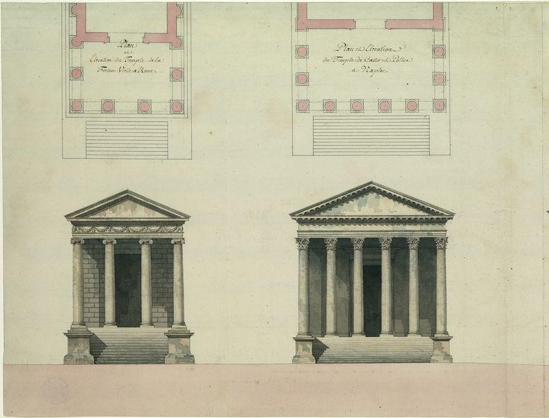 Cinq espèces de frontispices de temples avec plans : temple de la Fortune virile à Rome temple de Castor et Pollux à Naples temple de Jupiter Stator à Rome panthéon d'Adrien à Athènes temple de Jupiter sur le mont Quirinal à Rome
