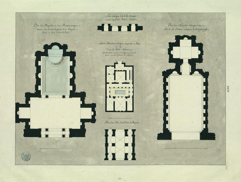 Plan d'un nymphée et d'une fontaine antique connue sous le nom de grotte de la nymphe Egérie à deux milles de Rome. Porte antique de la ville d'Autun nommée aujourd'hui porte de Saint-André. Maison particulière antique découverte à Rome en 17.. dans la villa Negroni. Plan d'une porte de la ville de Pompeia. Plan d'un nymphée antique sur le bord du lac d'Albano, au-dessous de Castel Gandolfo