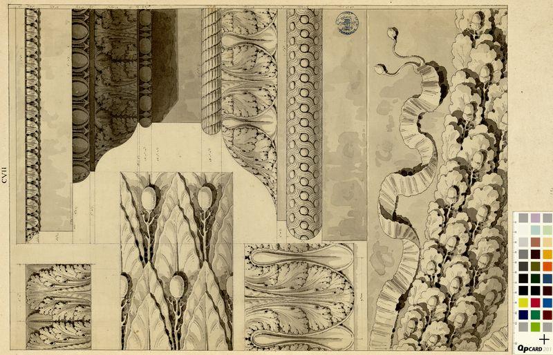 Détails de l'ornementation de la colonne Trajane, feuille de laurier de la base, feuille de chêne de la guirlande de piédestal