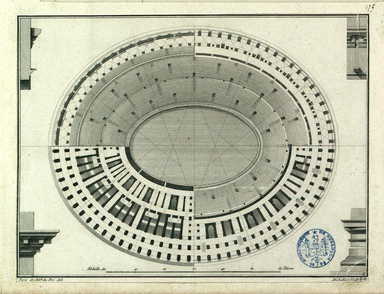 Coupe du Colisée, vue du dessus. Aux quatre coins : coupes de détails de colonnes