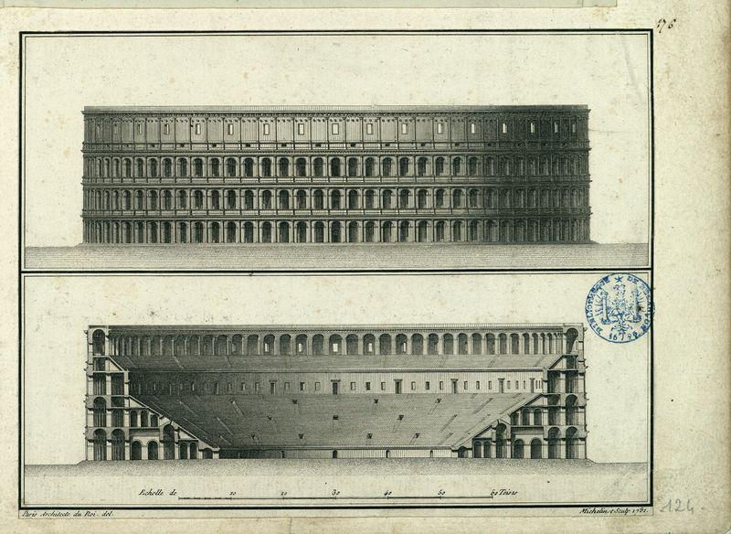 Elévation du Colisée, vue de l'extérieur. Coupe latérale du Colisée