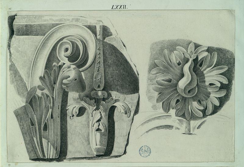 Etudes détaillées des chapiteaux du temple d'Antonin et de Faustine copiées d'après M. Percié par un de ses élèves à Paris en 1780 : dessin n° 5