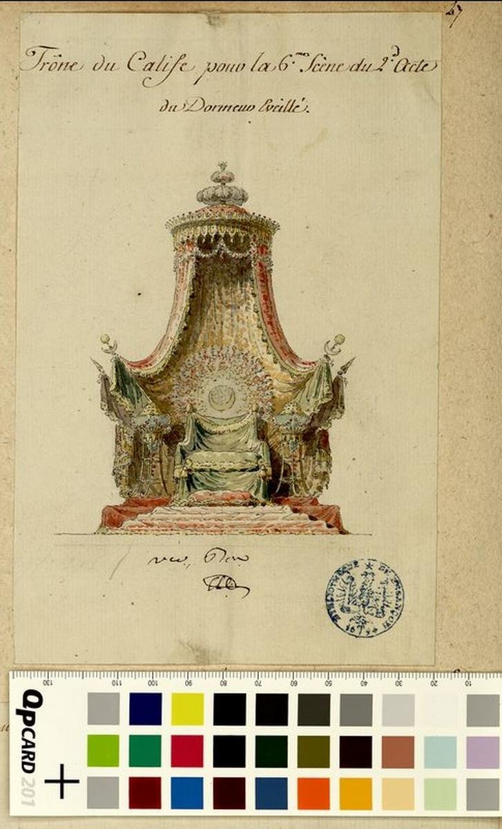 Trône dans le salon du calife, premier décor de l'acte II du Dormeur éveillé, opéra-comique créé à Fontainebleau le 14 novembre 1783