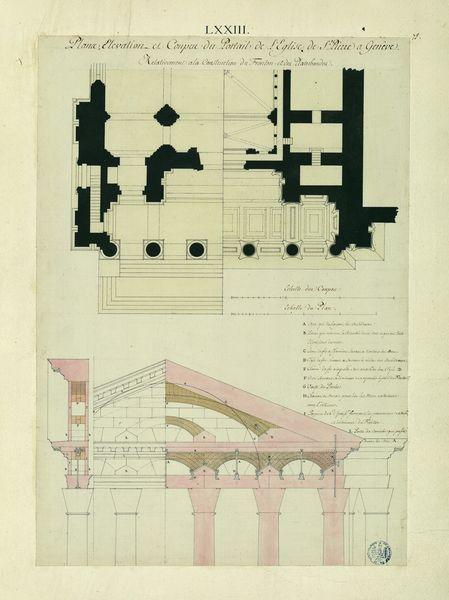 Plans, élévation et coupes du portail de l'église de Saint-Pierre à Genève, relativement à la construction du fronton et des plates-bandes