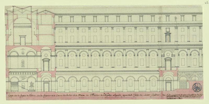 Maison ou monastère des Théatins de laquelle dépend l'église des Saints-Apôtres à Naples : coupe sur la largeur du vestibule, sur la longueur de la cour et du jardin