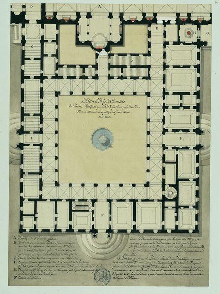 Plan du rez-de-chaussée du palais pontifical que Sixte V fit élever par Dominique Fontana attenant à la basilique de Saint-Jean-de-Latran à Rome