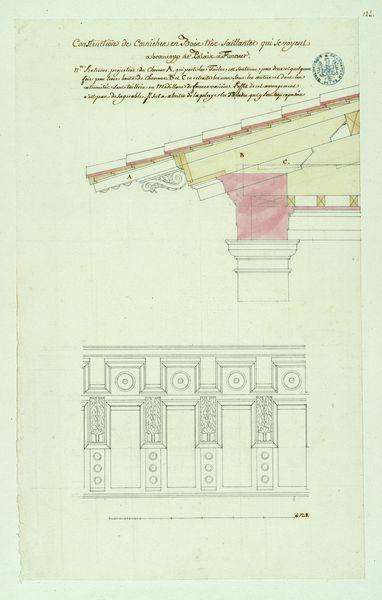 Construction de corniches en bois très saillantes qui se voient sur beaucoup de palais à Florence [coupe et plan ?]