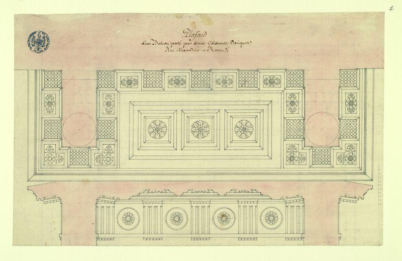 Plafond d'un balcon porté par deux colonnes doriques rue Alexandrine à Rome