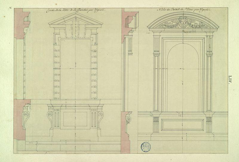 Niche du portail de Saint-Pierre, par Vignole, et croisée de la villa della Camera, par Vignole : élévations et profils