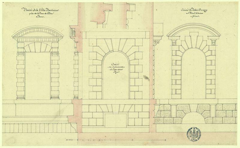 Croisées de la villa Barberina à Rome, du soubassement du palais Salviati à Rome, du palais Durazzo à Saint-Pierre-d'Arènes à Gènes : élévations