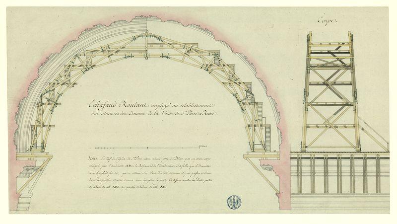 Echafaud roulant employé au rétablissement des stucs et des dorures de la voûte de Saint-Pierre à Rome : coupes