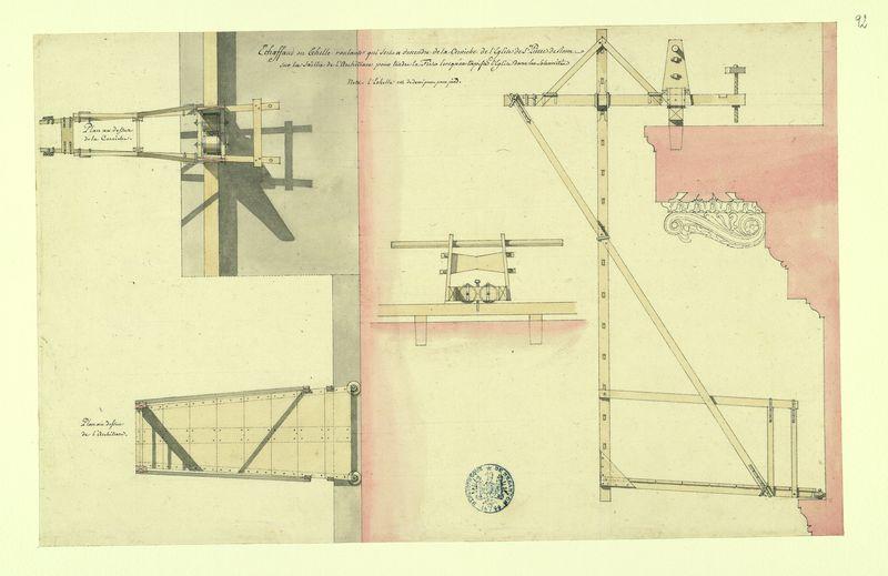 Echelle roulante servant à descendre de la corniche de l'église de Saint-Pierre de Rome : profils