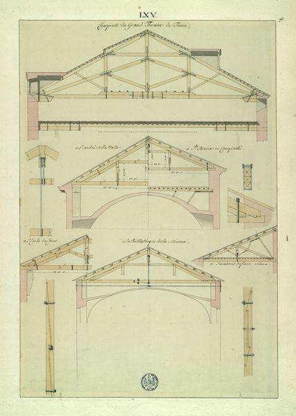 Elévation, plan, coupe et profil d'un tréteau roulant de Saint-Pierre de Rome