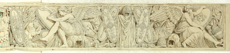 Trophées d'armes et génies en frise d'après une peinture (détruite) de Polydore de Caravage sur une façade de la Poste aux chevaux de Naples