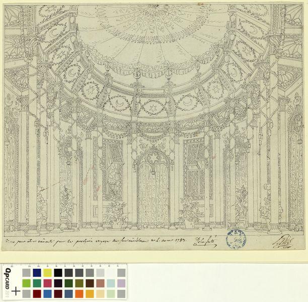Salon du fruit et des liqueurs dans la maison du calife Hassan, second décor de l'acte II du Dormeur éveillé, opéra-comique créé à Fontainebleau le 14 novembre 1783