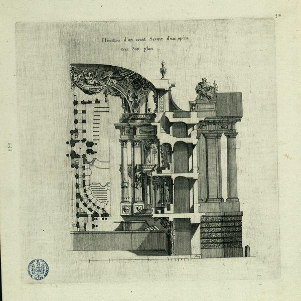 Elévation d'un avant-scène d'un opéra de (Stuttgart ?) avec son plan