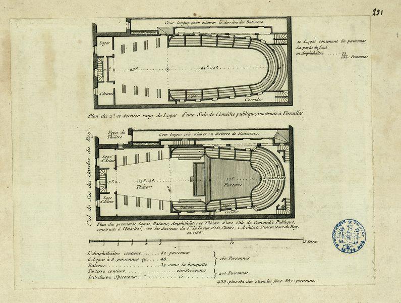 Plan des premières loges balcons, amphithéâtre et théâtre d'une salle de comédie publique construite à Versailles en 1756 plan du 2e étage et dernier rang des loges