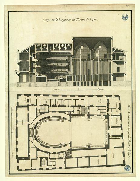 Plan des troisièmes loges du théâtre de Lyon coupe sur la longueur du même théâtre