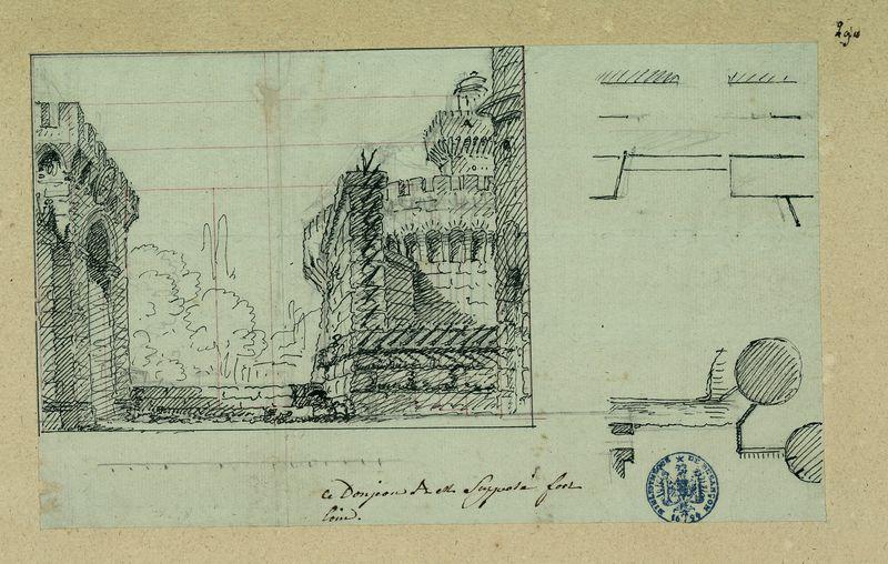 Elévation d'une forteresse avec l'indication des châssis, ferme et rideau de fond, une plantation et un plan pour le décor de l'acte II de Richard Coeur de Lion, comédie mêlée d'ariettes représentée le 18 février 1785 au théâtre de la cour des Princes à Versailles