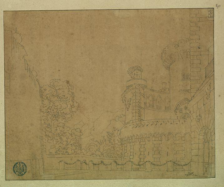 Elévation en partie esquissée d'une nouvelle forteresse pour le décor de l'acte II de Richard Coeur de Lion, comédie mêlée d'ariettes pour la réprésentation du 25 octobre 1785 au théâtre de Fontainebleau
