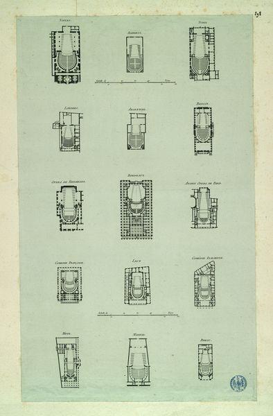 Plans des principaux théâtres de l'Europe : Naples, Aliberti, Turin, Londres, Argentine, Berlin, Opéra de Versailles, Bordeaux, ancien opéra de Paris, Comédie française, Lyon, comédie italienne, Metz, Madrid, Brest