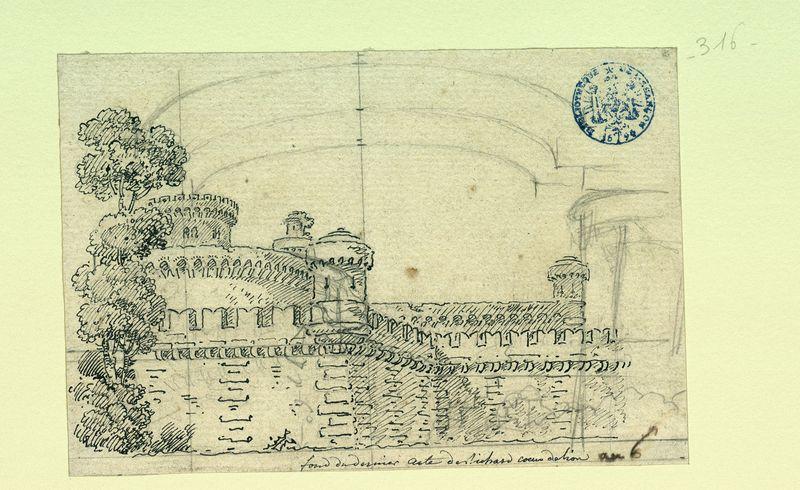 Forteresse, décor du dernier acte de Richard Coeur de Lion, comédie mêlée d'ariettes, réalisé pour la représentation le 13 janvier 1786 au théâtre de l'aile neuve à Versailles et réutilisé pour celle du 10 novembre 1786 à Fontainebleau