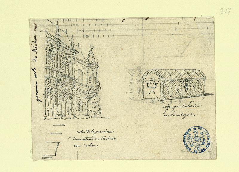 Châssis avec élévation et plantation, représentant une gentilhommière gothique, pour le décor de l'acte I de Richard Coeur de Lion, comédie mêlée d'ariettes, réalisé pour les représentations des 13 janvier et 3 mars 1786 au théâtre de l'aile neuve à Versailles et réutilisé pour celle du 10 novembre 1786 à Fontainebleau. Coffre pour syncope, reine de Mic-Mac parodie de Pénélope représentée à Versailles sur le même théâtre le 31 janvier 1786