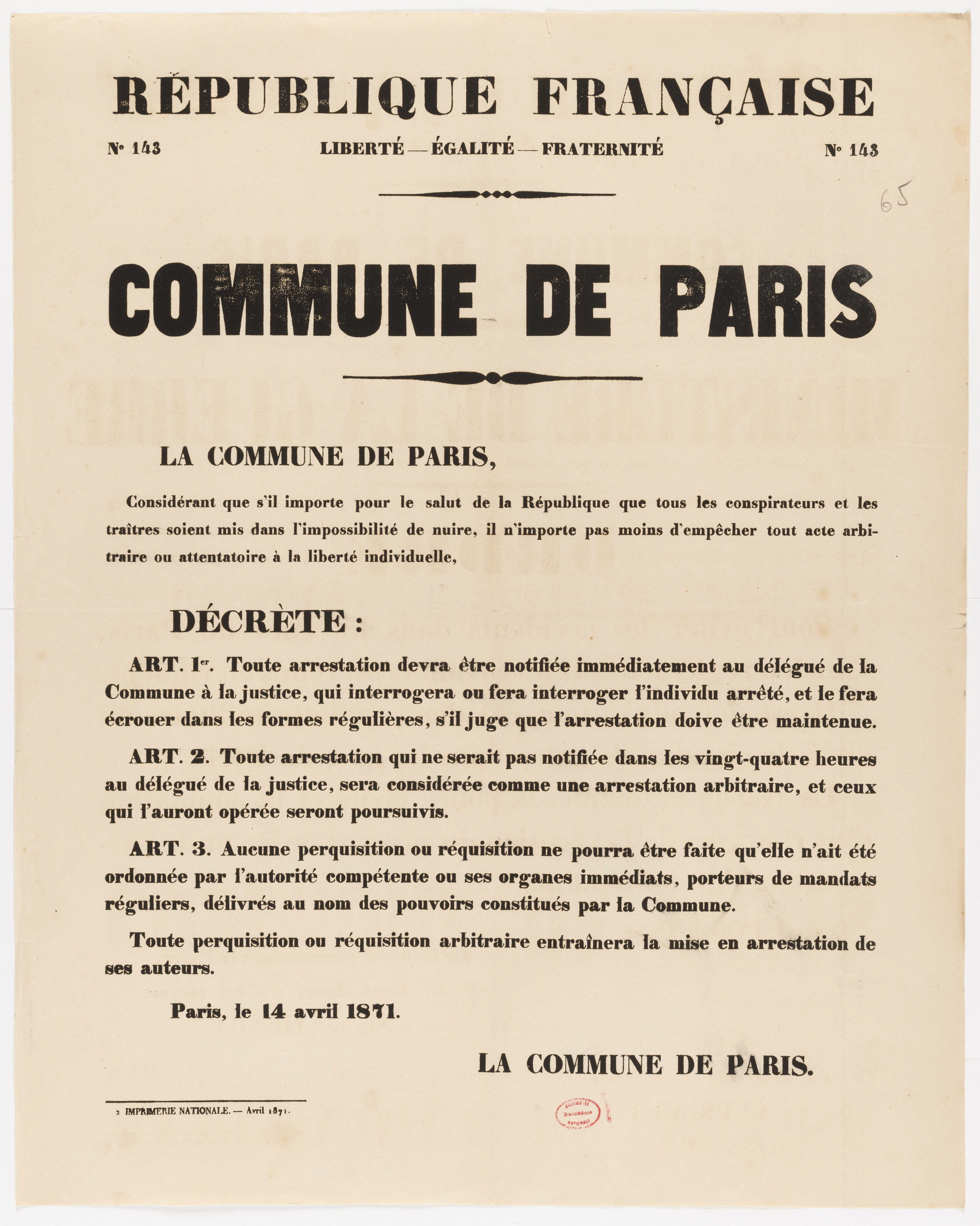 No 143. Commune de Paris. [La Commune de Paris, considérant que s'il importe pour le salut de la République que tous les conspirateurs et les traîtres soient mis dans l'impossibilité de nuire]. 14 avril 1871.