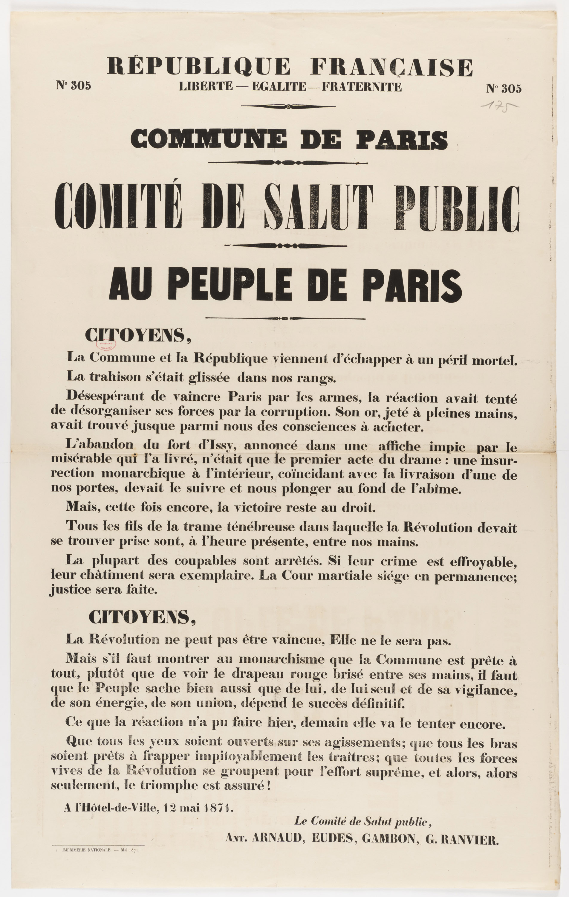 No 305. Commune de Paris. Comité de Salut public. Au peuple de Paris. [L'abandon du fort d'Issy, annoncé dans une affiche impie par le misérable qui l'a livré...]. 12 mai 1871
