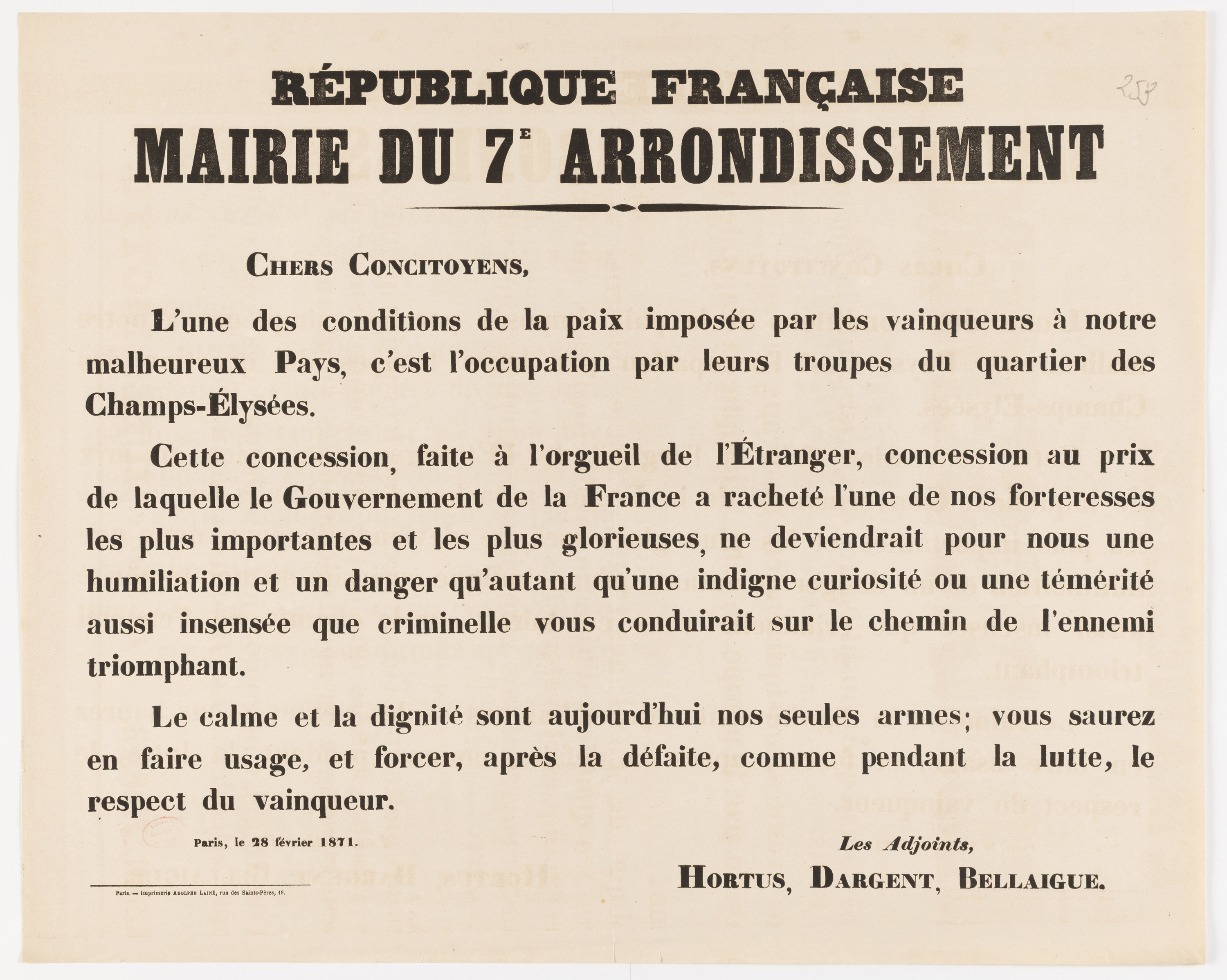 Mairie du 7e arrondissement. [Chers concitoyens, L'une des conditions imposée par les vainqueurs à  notre malheureux Pays...]. 28 février 1871.