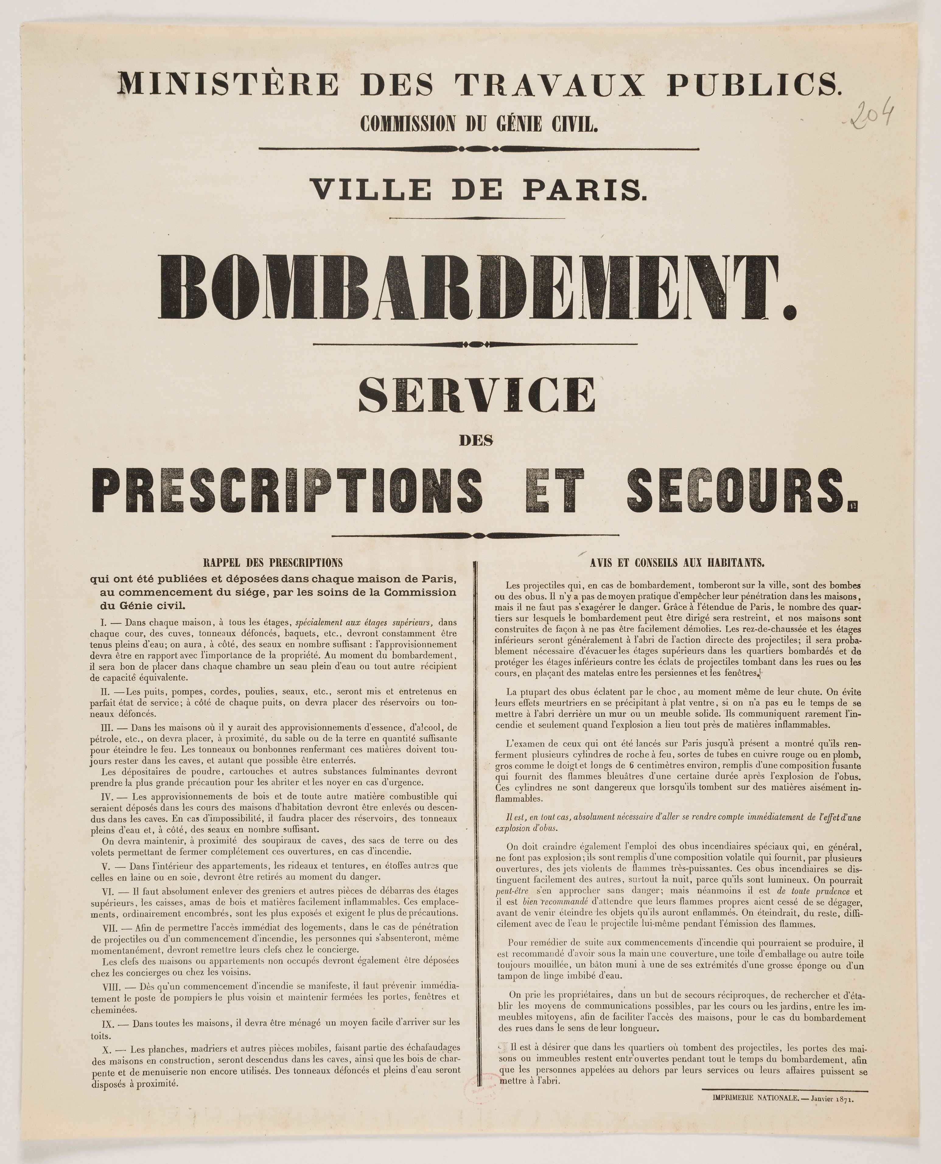 Ministère des travaux publics. Commission du génie civil. Ville de Paris "Bombardement" service de prescriptions et secours. Janvier 1871.