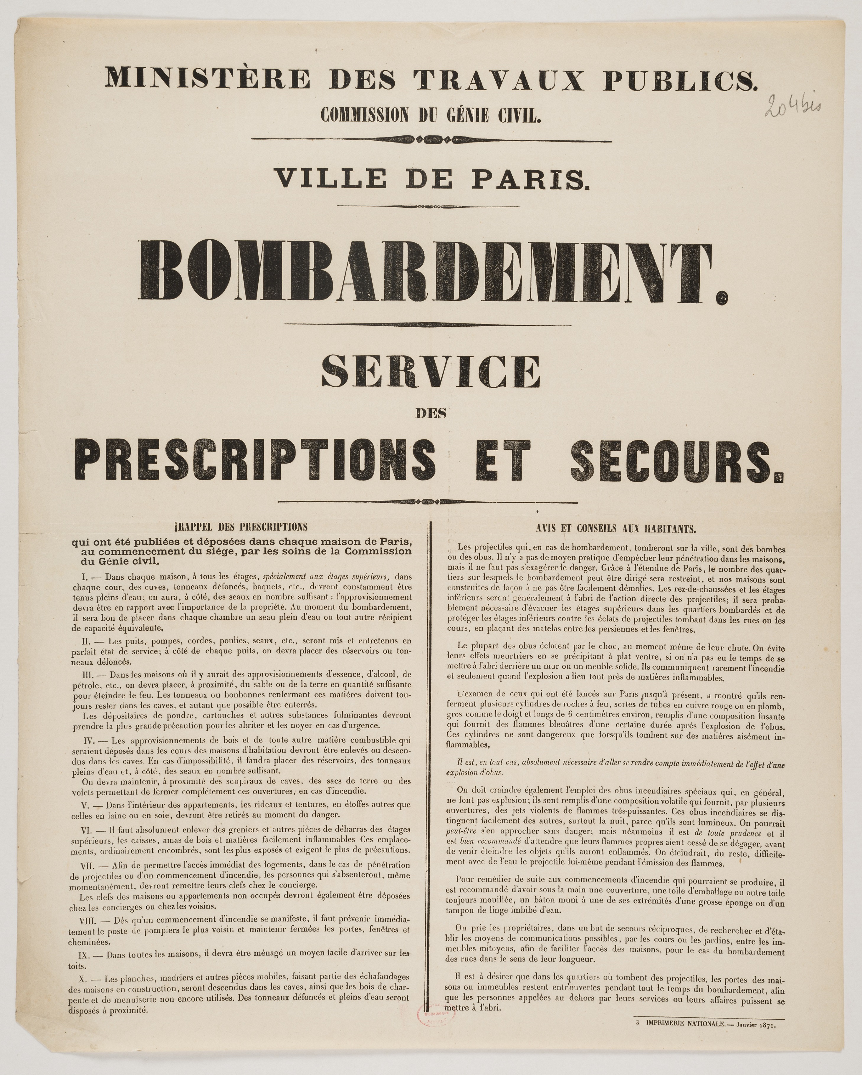 Ministère des travaux publics. Commission du génie civil. Ville de Paris "Bombardement" service de prescriptions et secours. Janvier 1871.