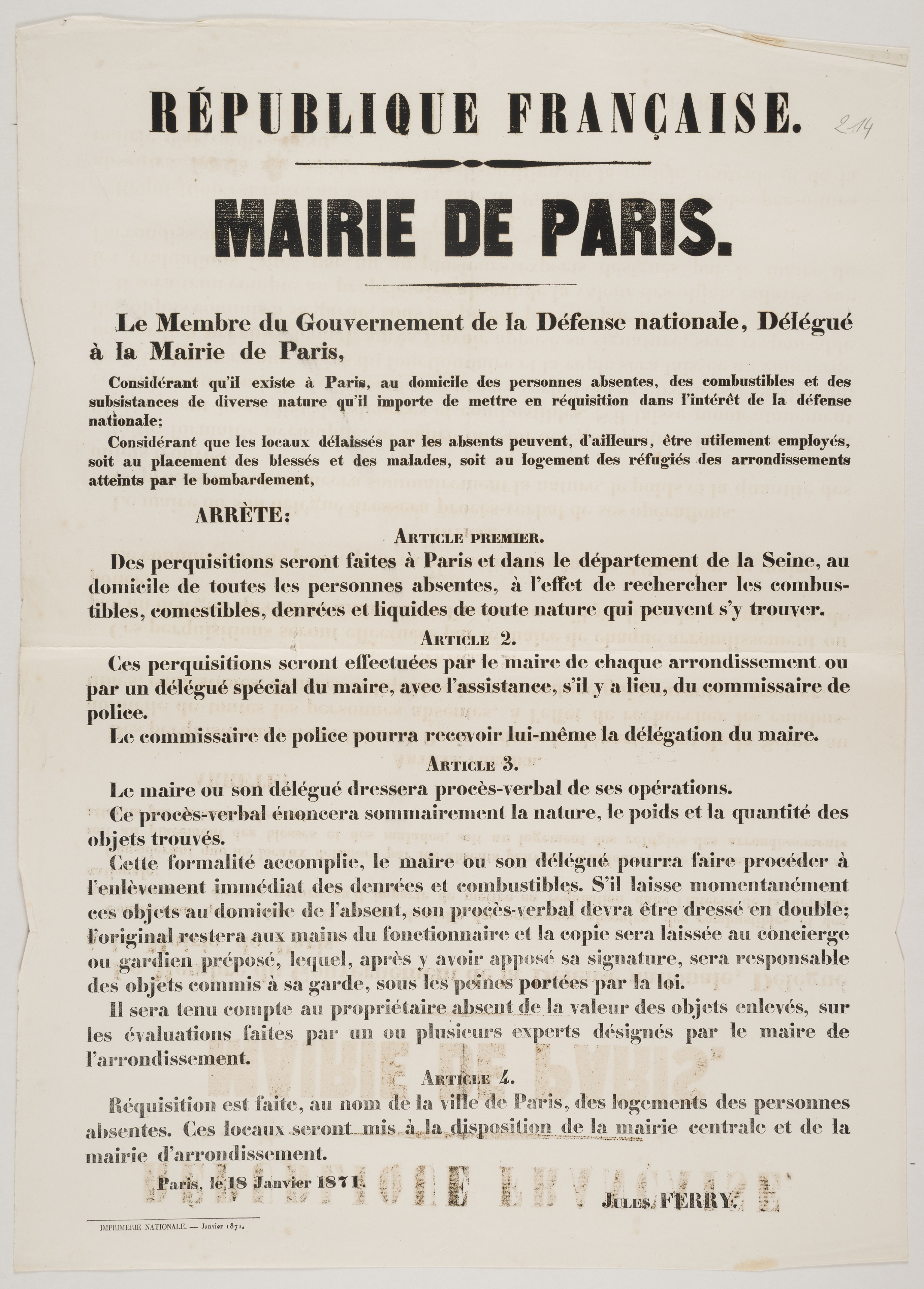 Mairie de Paris. Le Membre du Gouvernement de la Défense nationale, Délégué à  la Mairie de Paris, considérant qu'il existe à  Paris, au domicile des personnes absentes, des combustibles et subsistances de diverse nature [...] 18 janvier 1871.