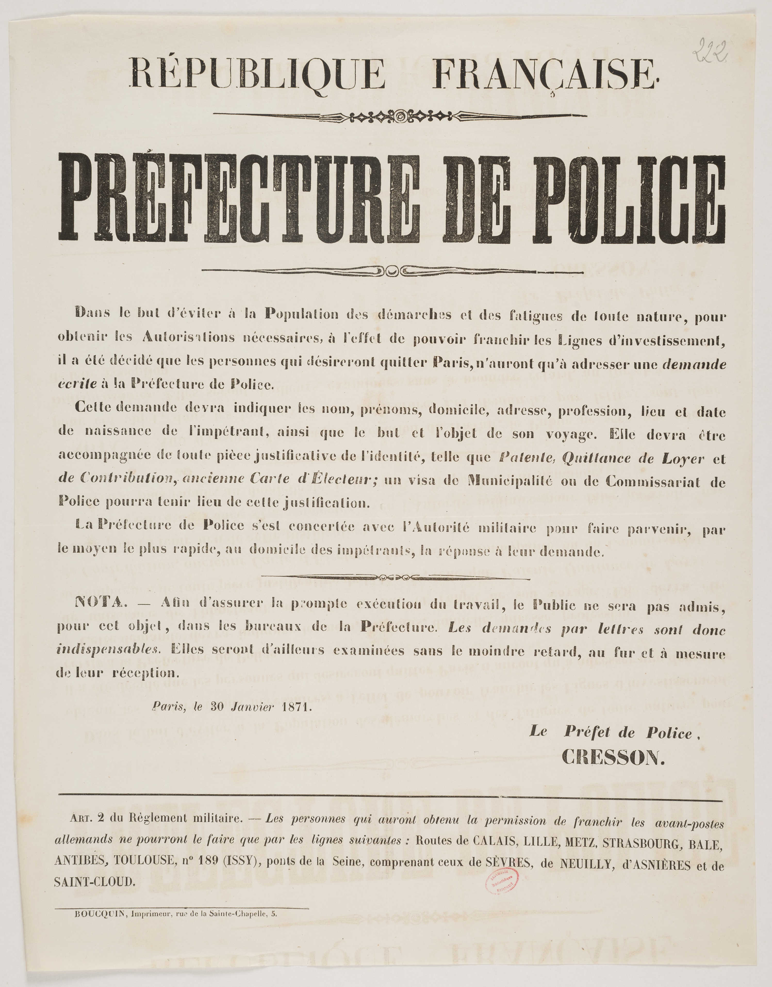 Préfecture de police. [Dans le but d'éviter à  la population des démarches et des fatigues de toutes nature, ]. 30 janvier 1871.