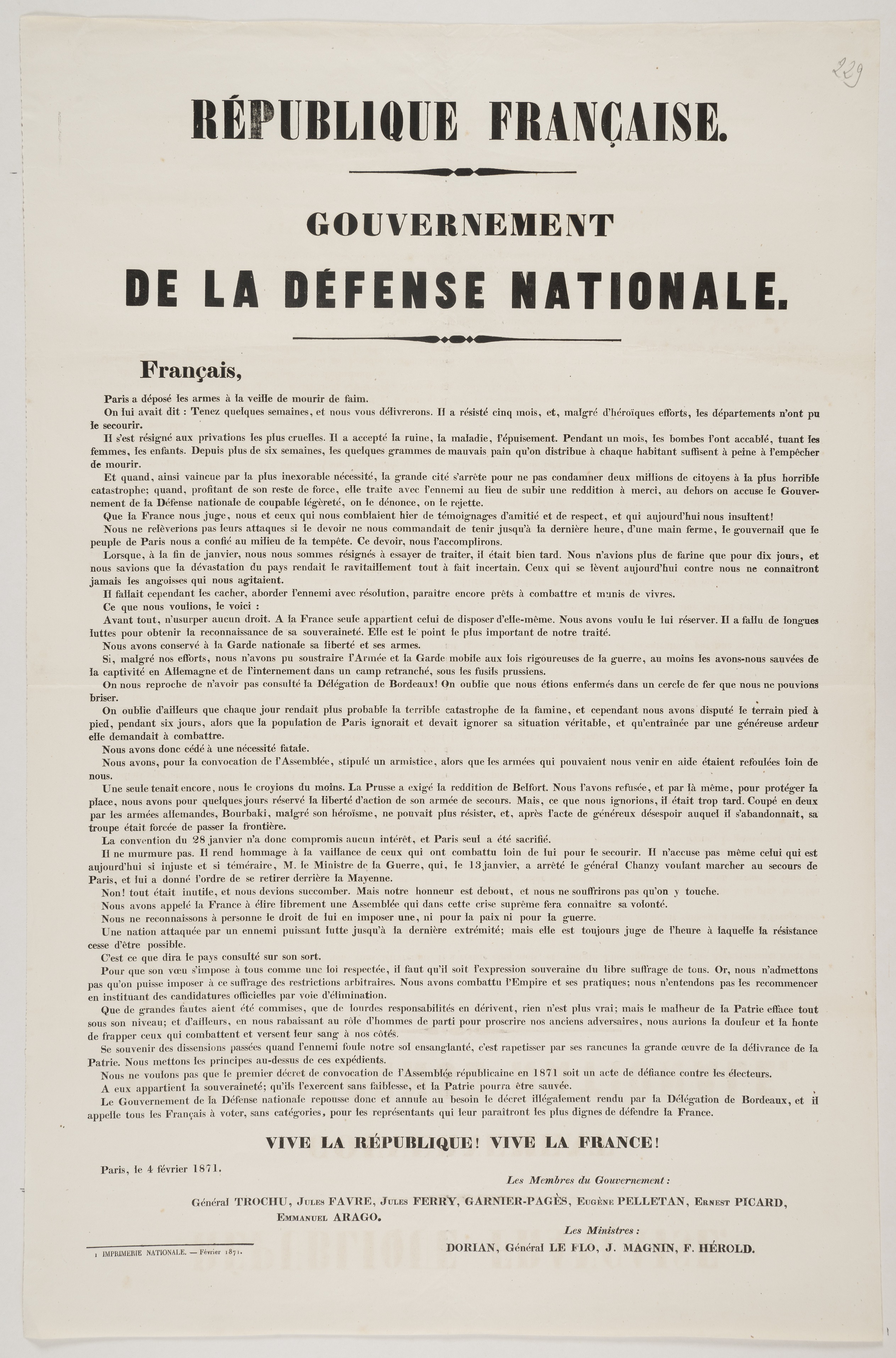 Gouvernement de la Défense nationale. [Français, Paris a déposé les armes à  la veille de mourir de faim.] 4 février 1871.