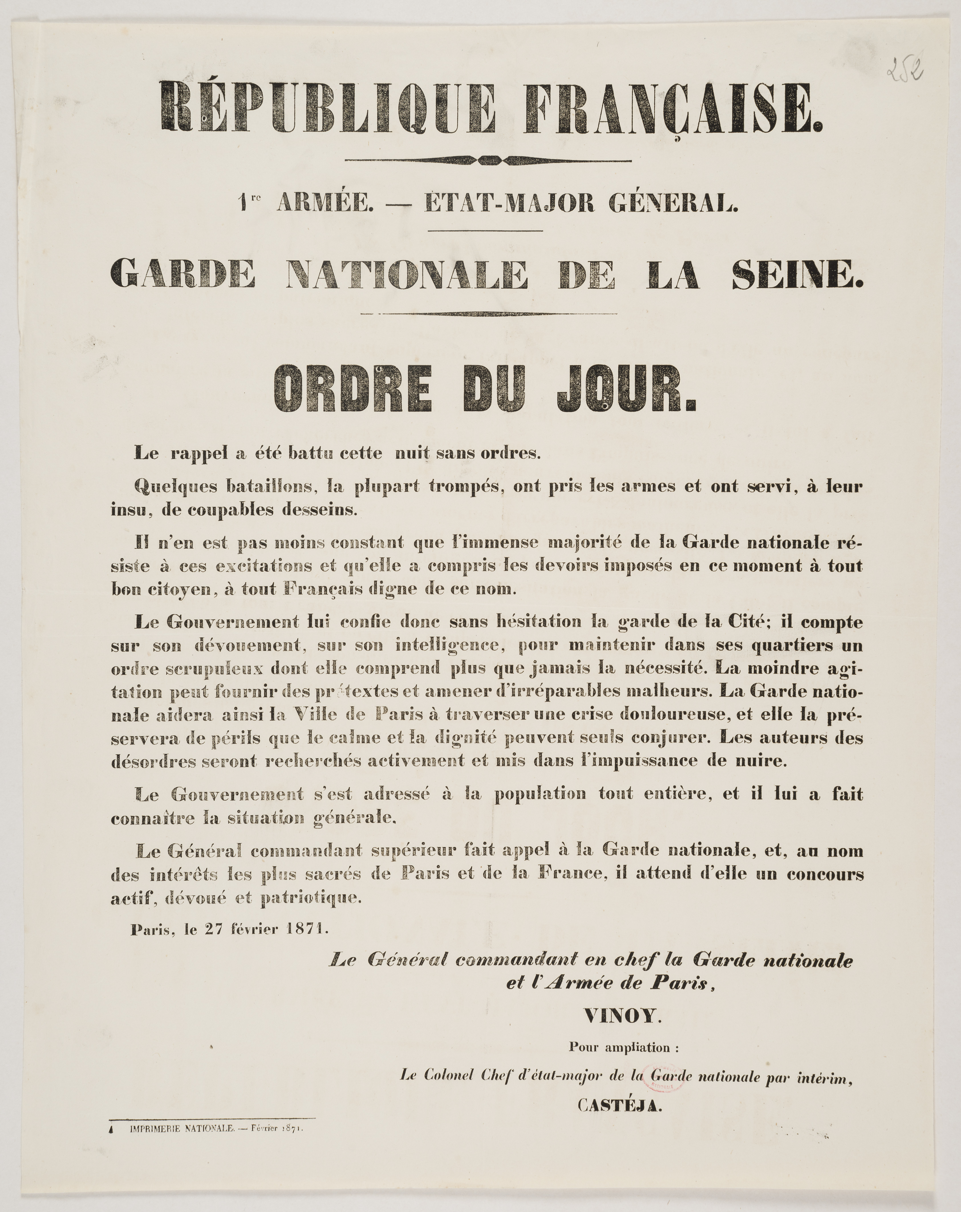 1ere Armée.  Etat-Major General. Garde nationale de la Seine. Ordre du jour. [Le rappel a été battu cette nuit sans ordres.] 27 février 1871.