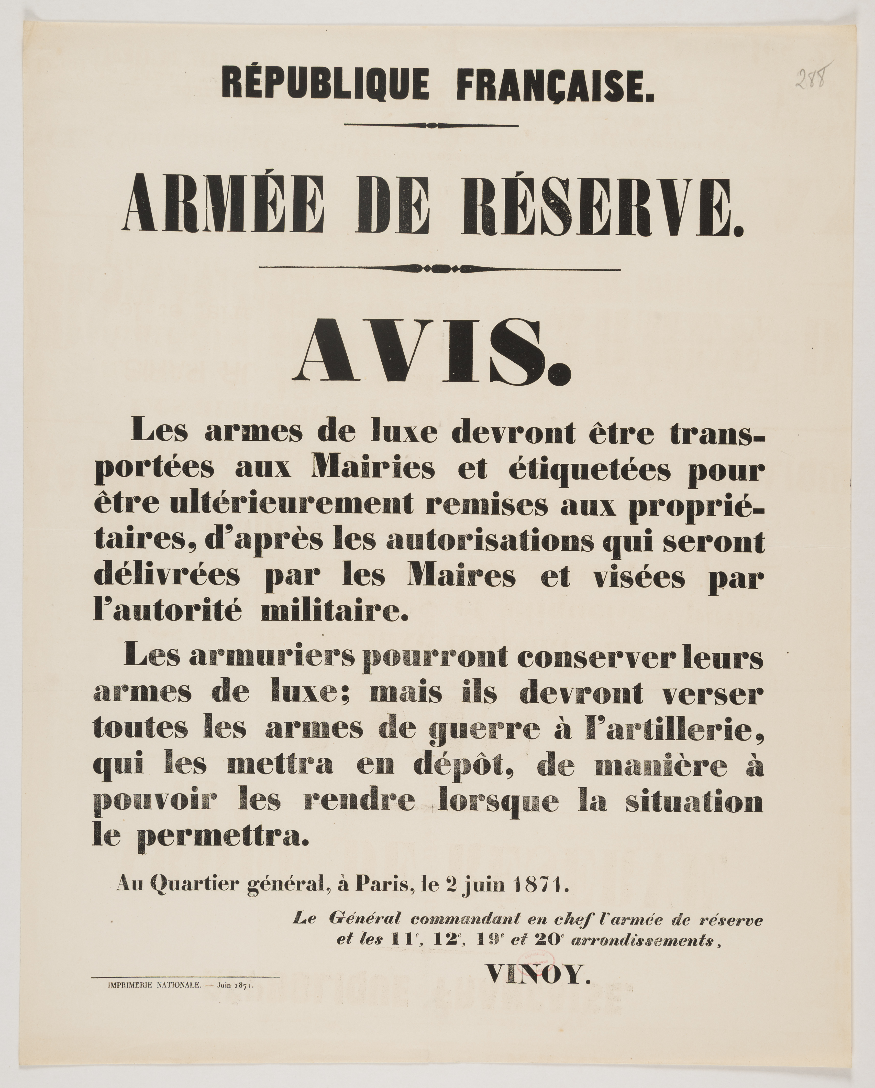 Armée de réserve. Avis. [Les armes de luxe devront être transportées aux Mairies]. 2 juin 1871.