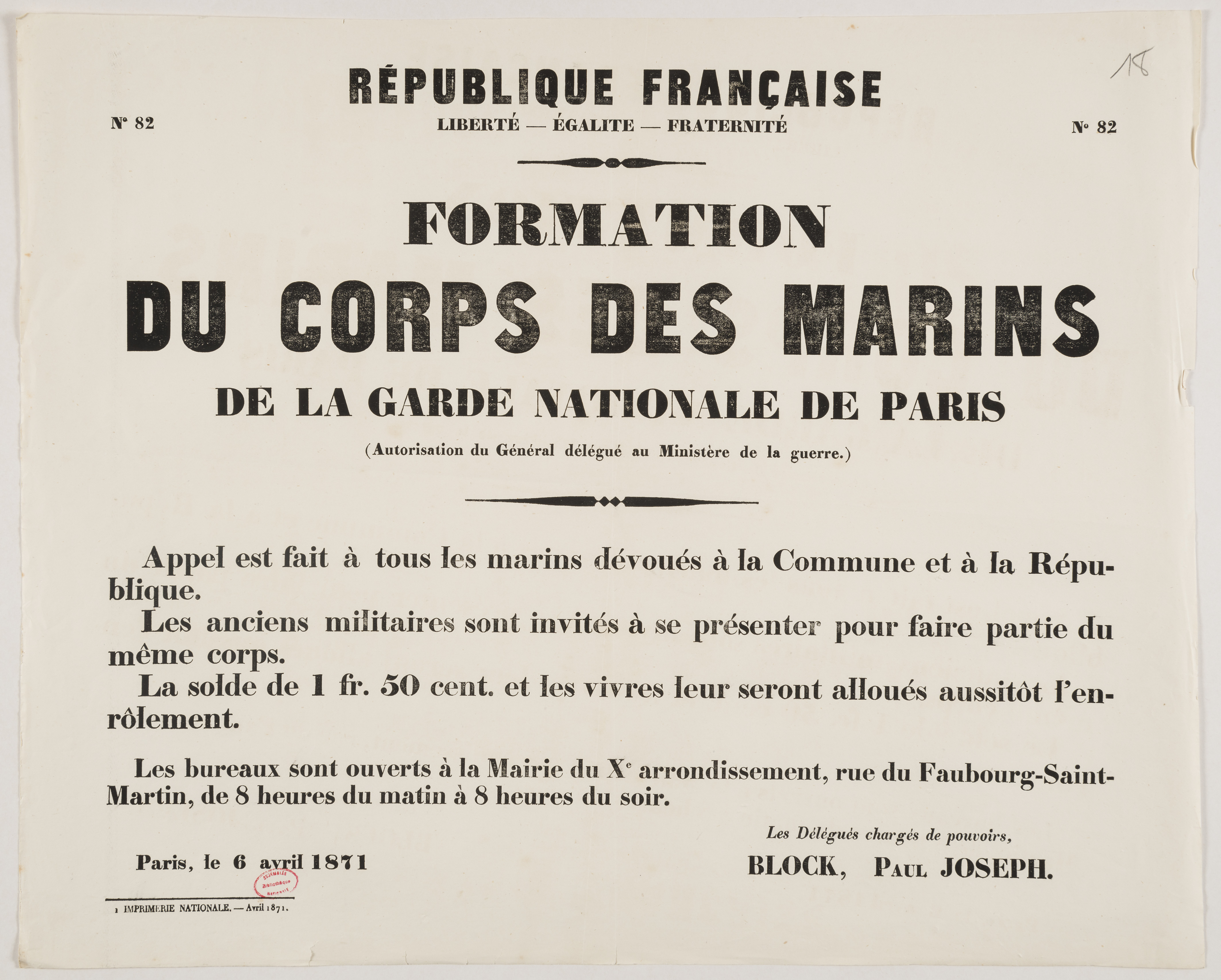 No 82. Formation du corps des marins de la Garde nationale de Paris. 6 avril 1871.