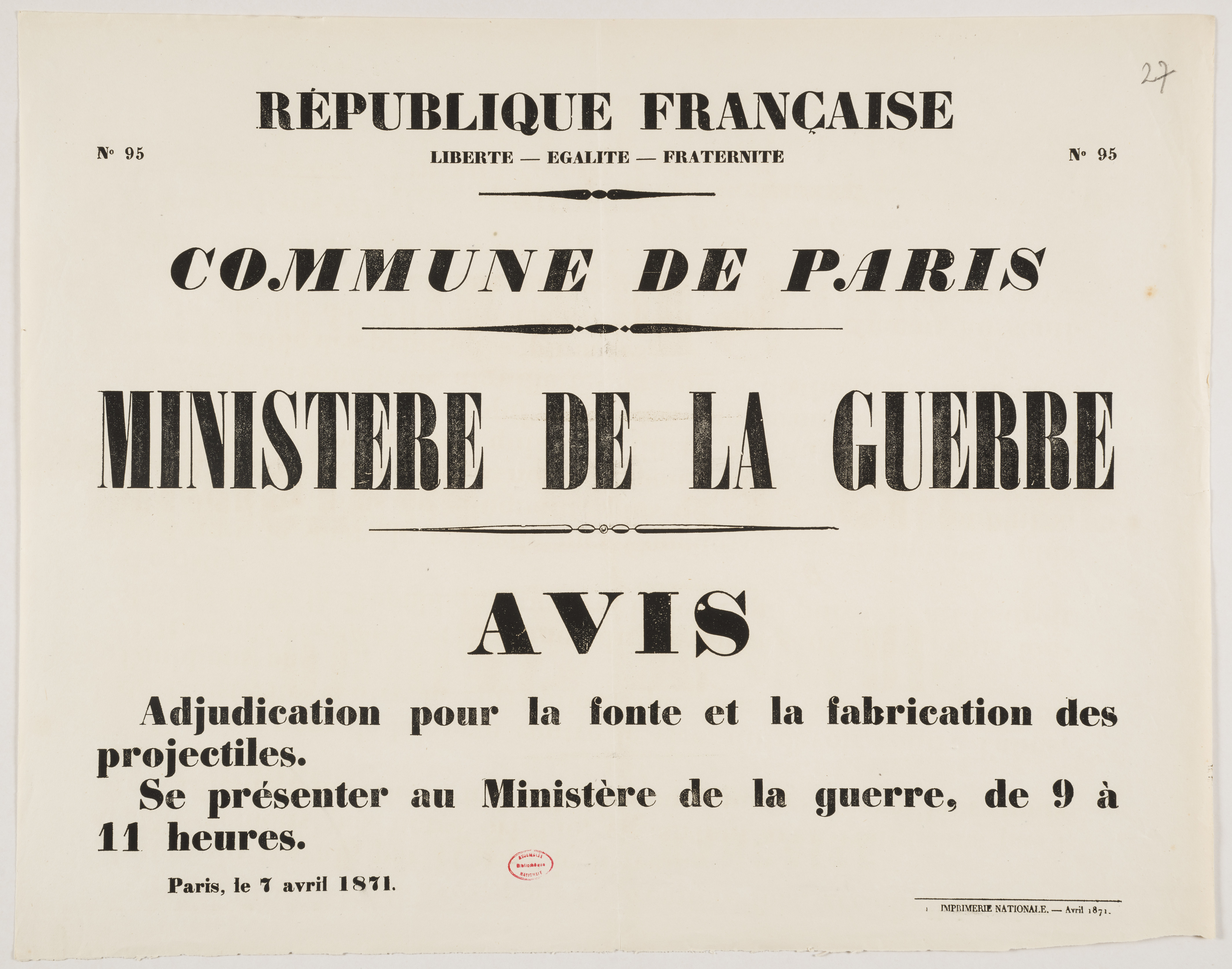 No 95. Commune de Paris.  Ministère de la Guerre.  Avis. [Adjudication pour la fonte et la fabrication des projectiles.] 7 avril 1871.