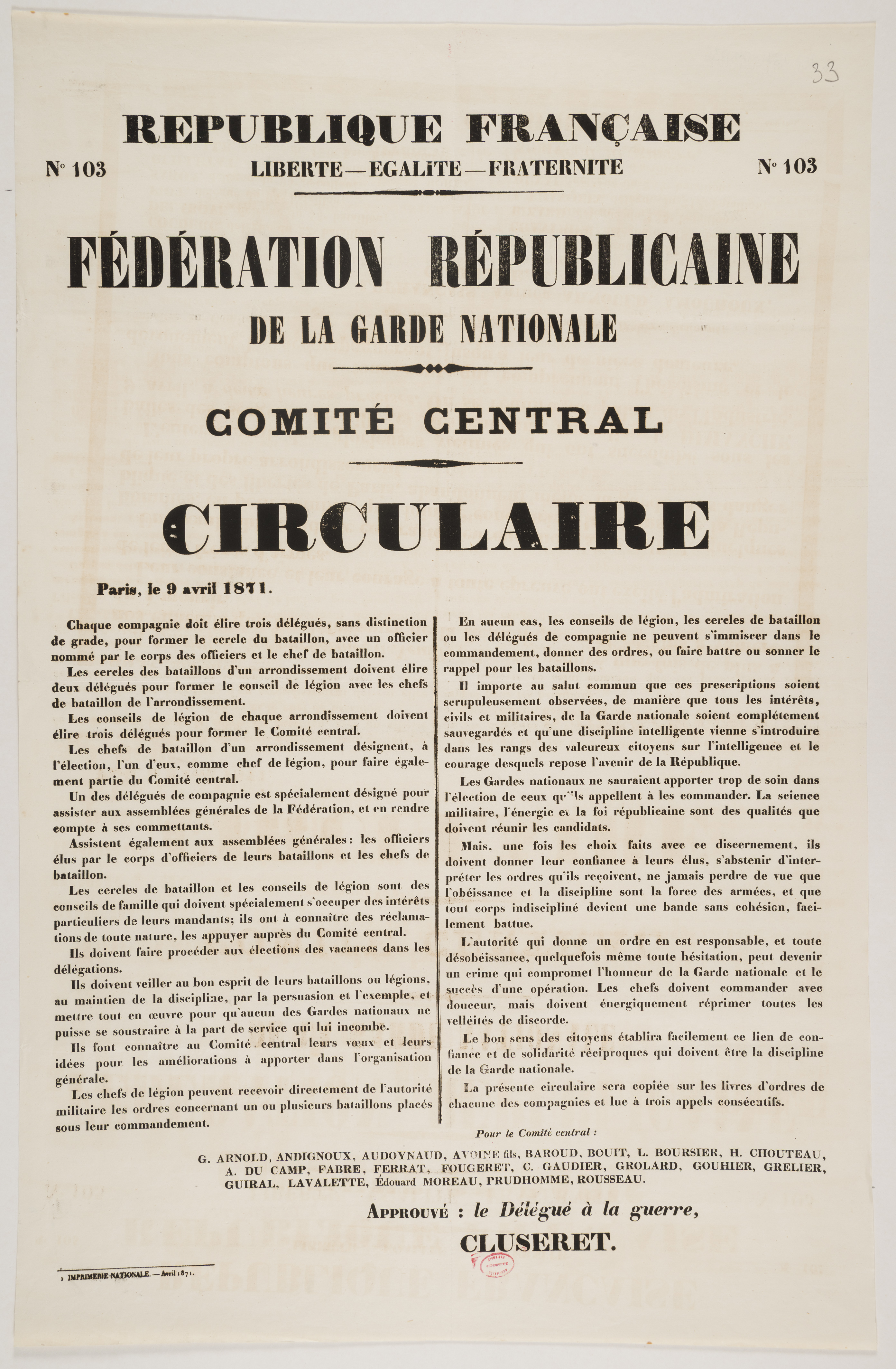 No 103. Fédération républicaine de la Garde nationale.  Comité central.  Circulaire. [Chaque compagnie doit élire trois délégués, sans distinction de grade]. 9 avril 1871.