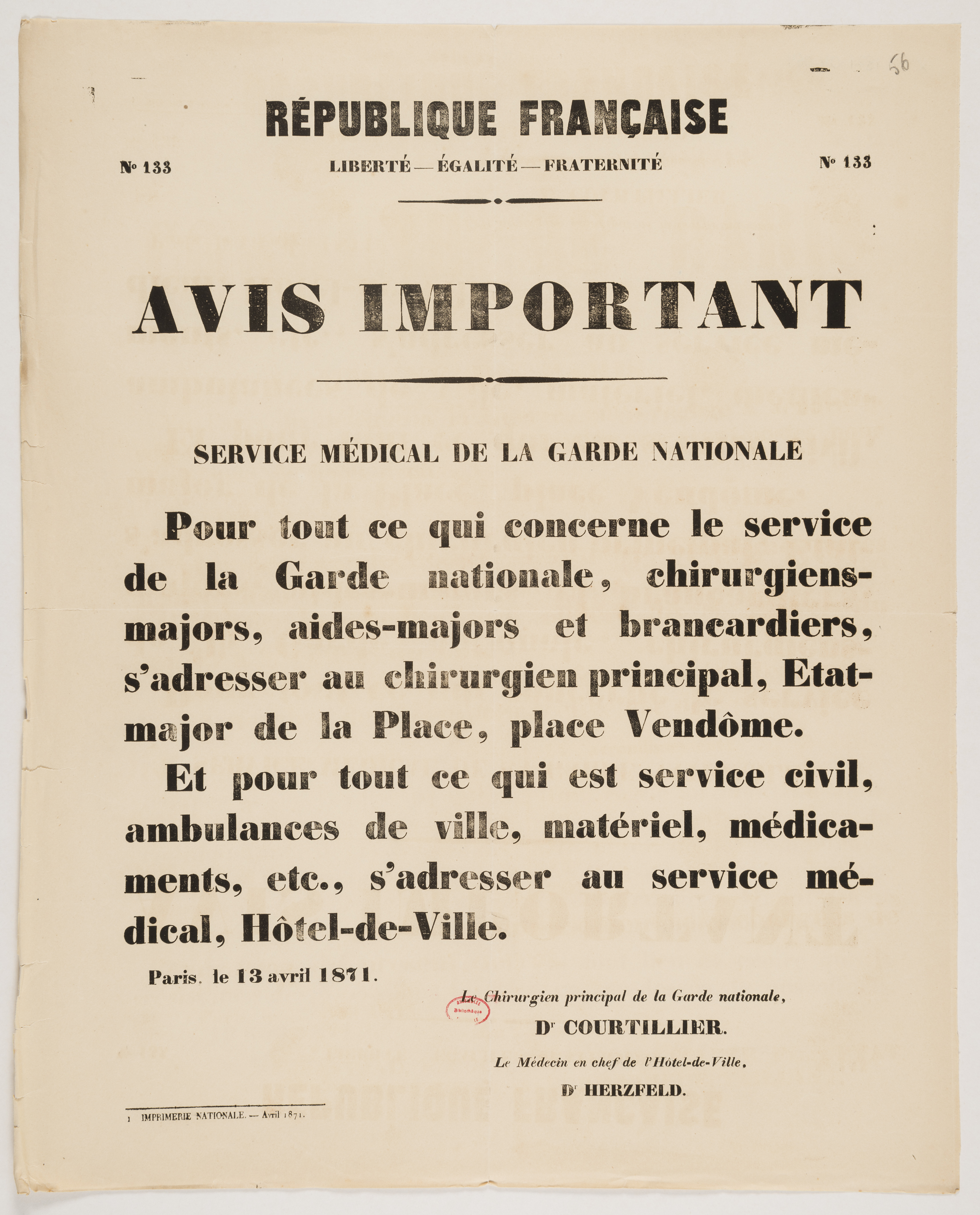 No 133. Avis important. Service médical de la garde nationale. 13 avril 1871.