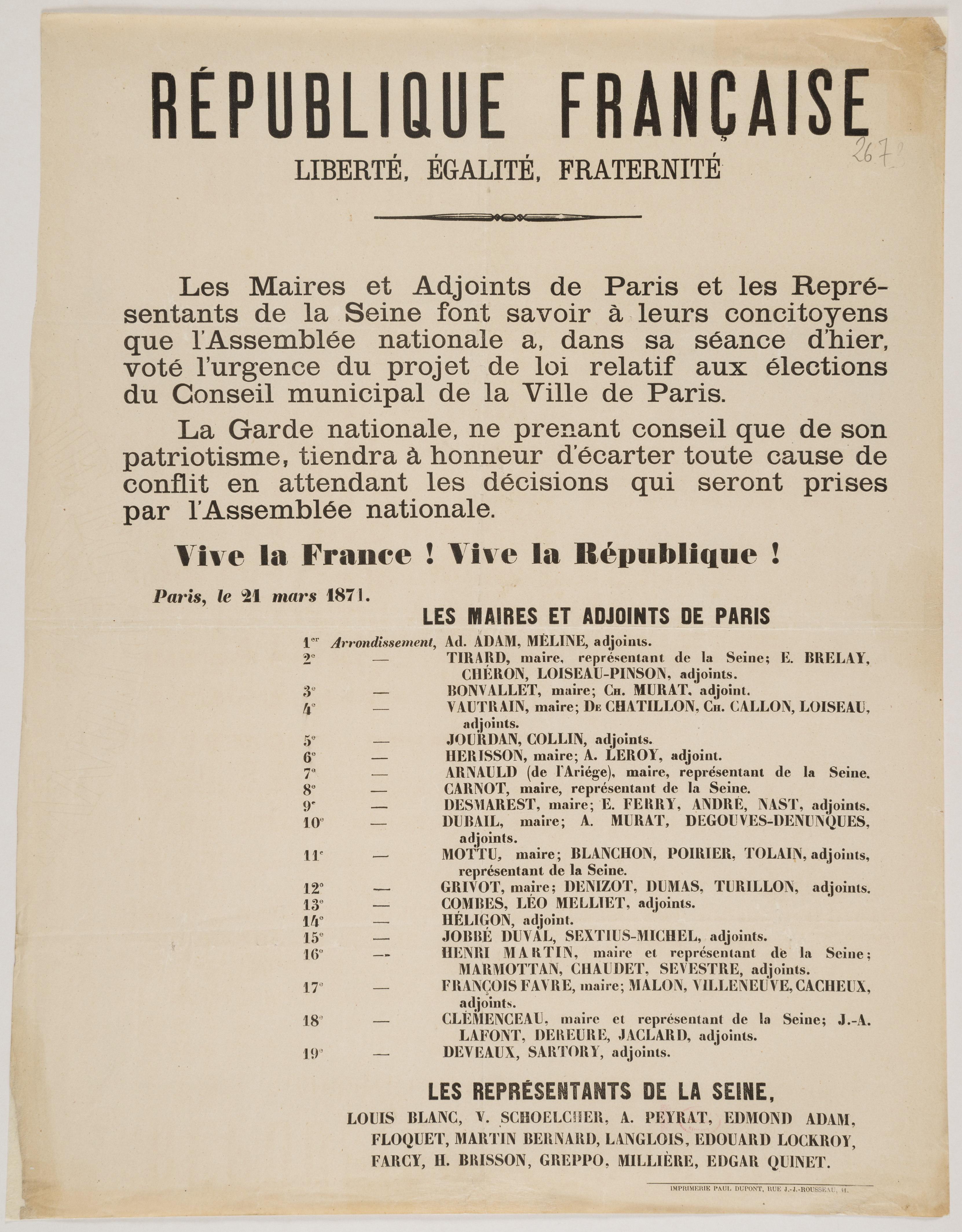 [Les maires et Adjoints de Paris [...] font savoir à  leurs concitoyens que l'Assemblée nationale a [...] voté l'urgence du projet de loi relatif aux élections du Conseil municipal de la Ville de Paris.] 21 mars 1871.