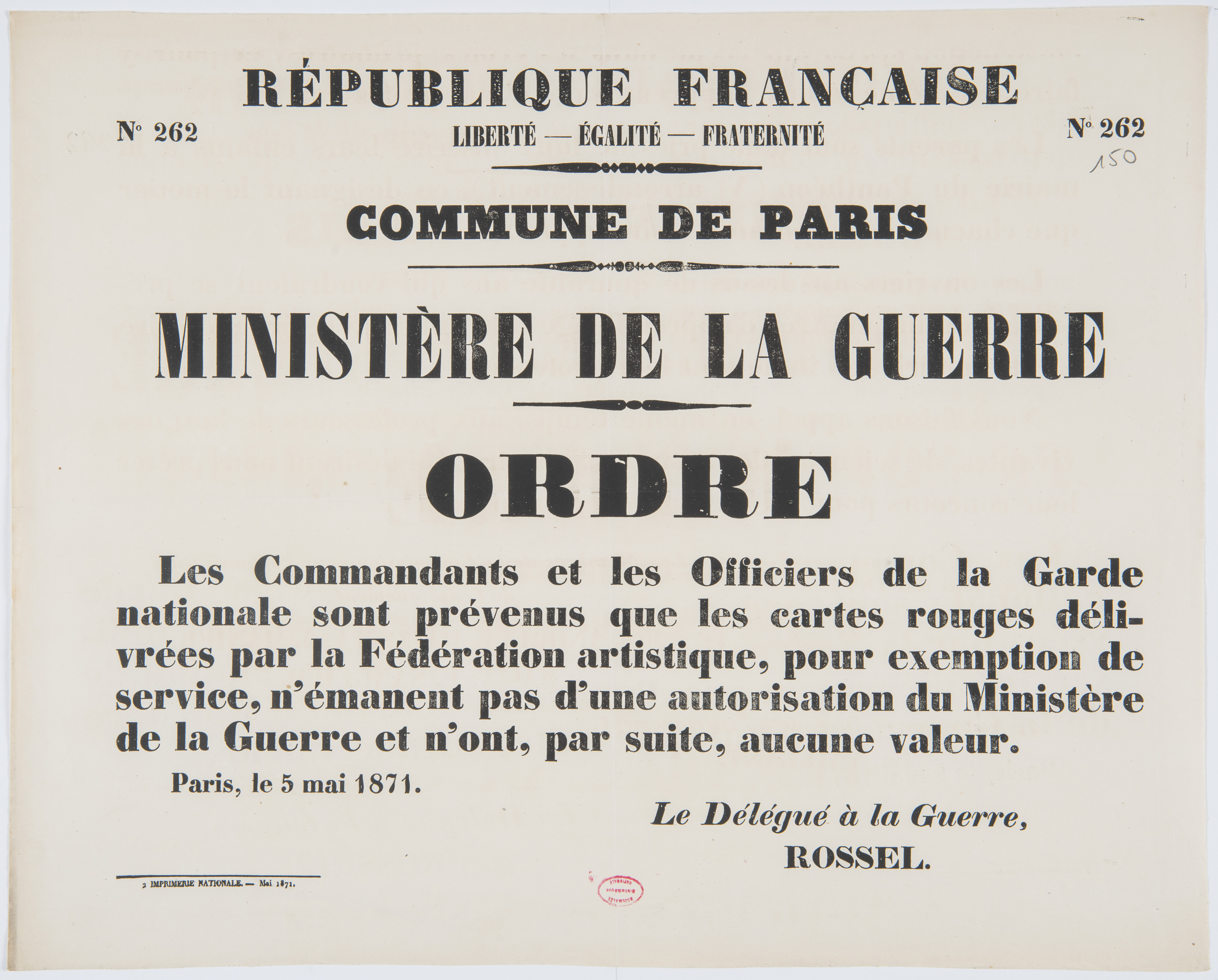 No 262. Commune de Paris. Ministère de la Guerre. Ordre. [Les Commandants et les Officiers de la Garde nationale sont prévenus que les cartes rouges]. 5 mai 1871.
