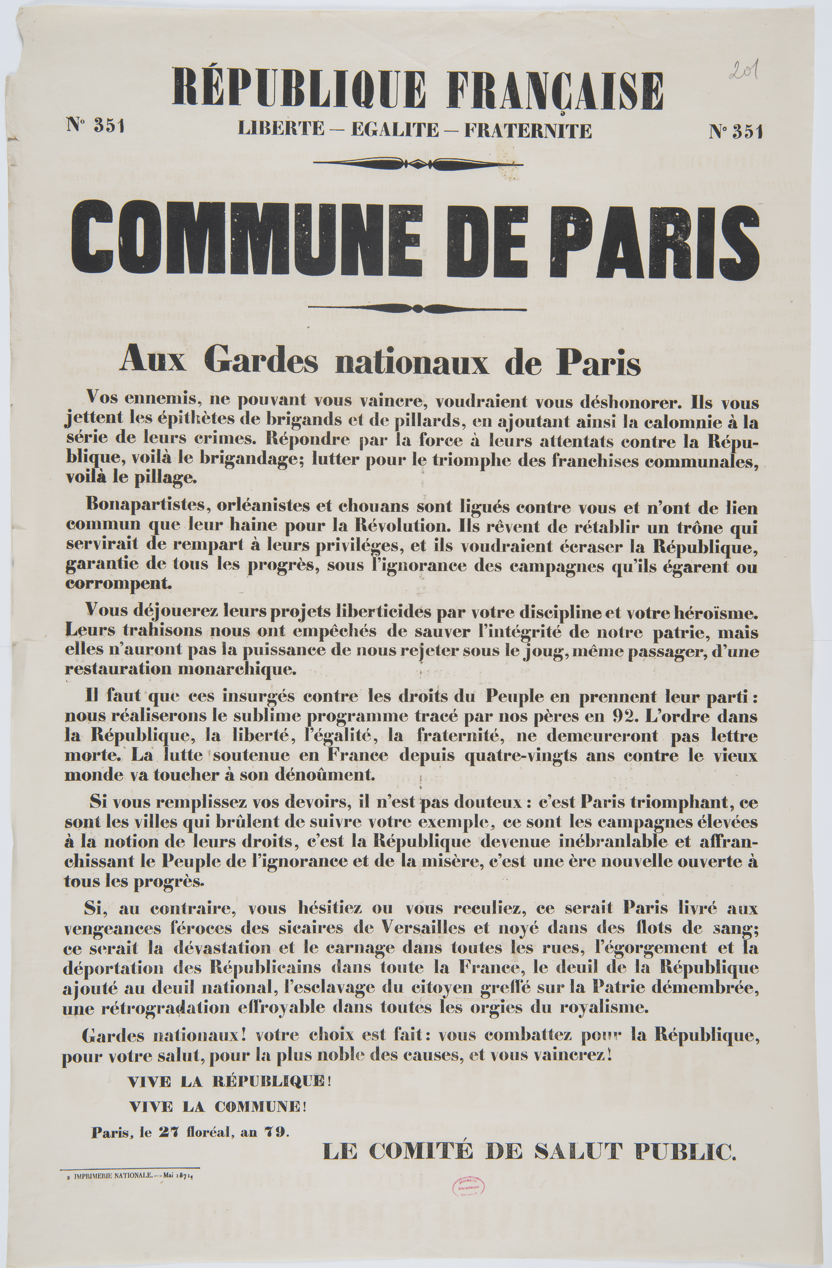 No 351. Commune de Paris. Aux gardes nationaux de Paris. [Vos ennemis, ne pouvant vous vaincre, voudraient vous déshonorer]. 27 floréal an 79 [16 mai 1871].