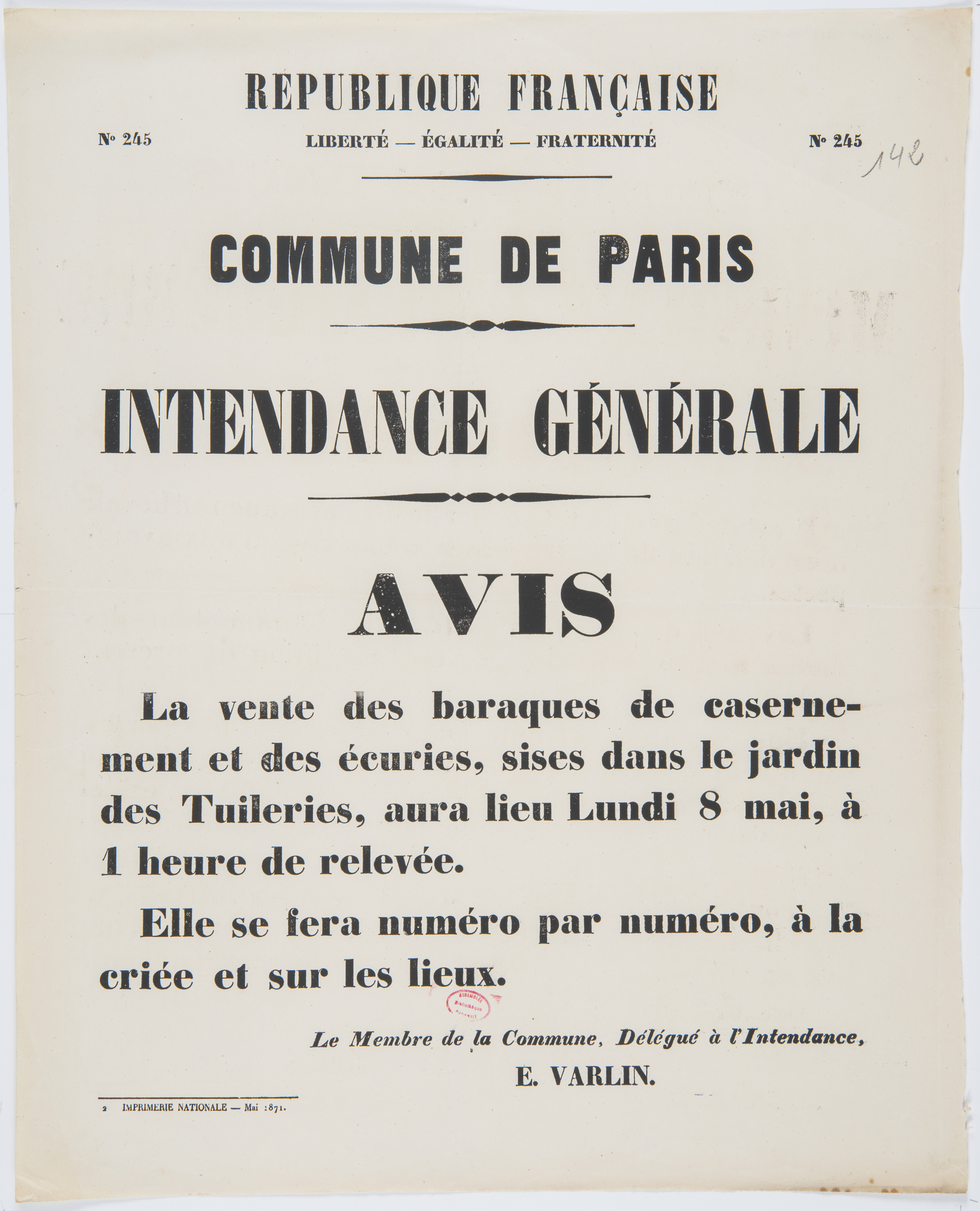 Abattoirs de la Villette. Avis. [Un décret de la Commune appelle les hommes de 19 à 40 ans à faire partie des bataillons de marche de la Garde nationale]. 11 mai 1871.