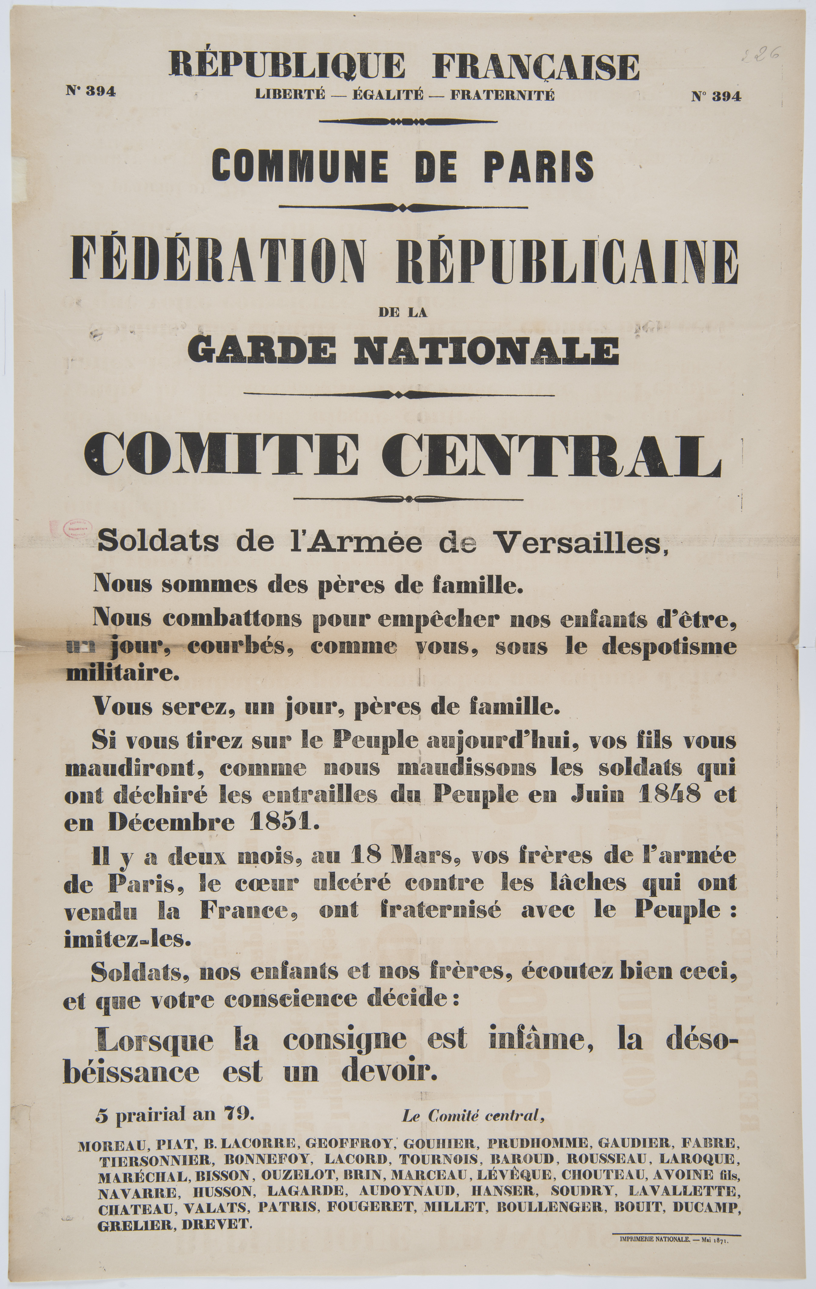 No 394. Fédération républicaine de la Garde nationale. Comité central. [Soldats de l’Armée de Versailles, nous sommes des pères de famille.]. 5 prairial an 79 [23 mai 1871].