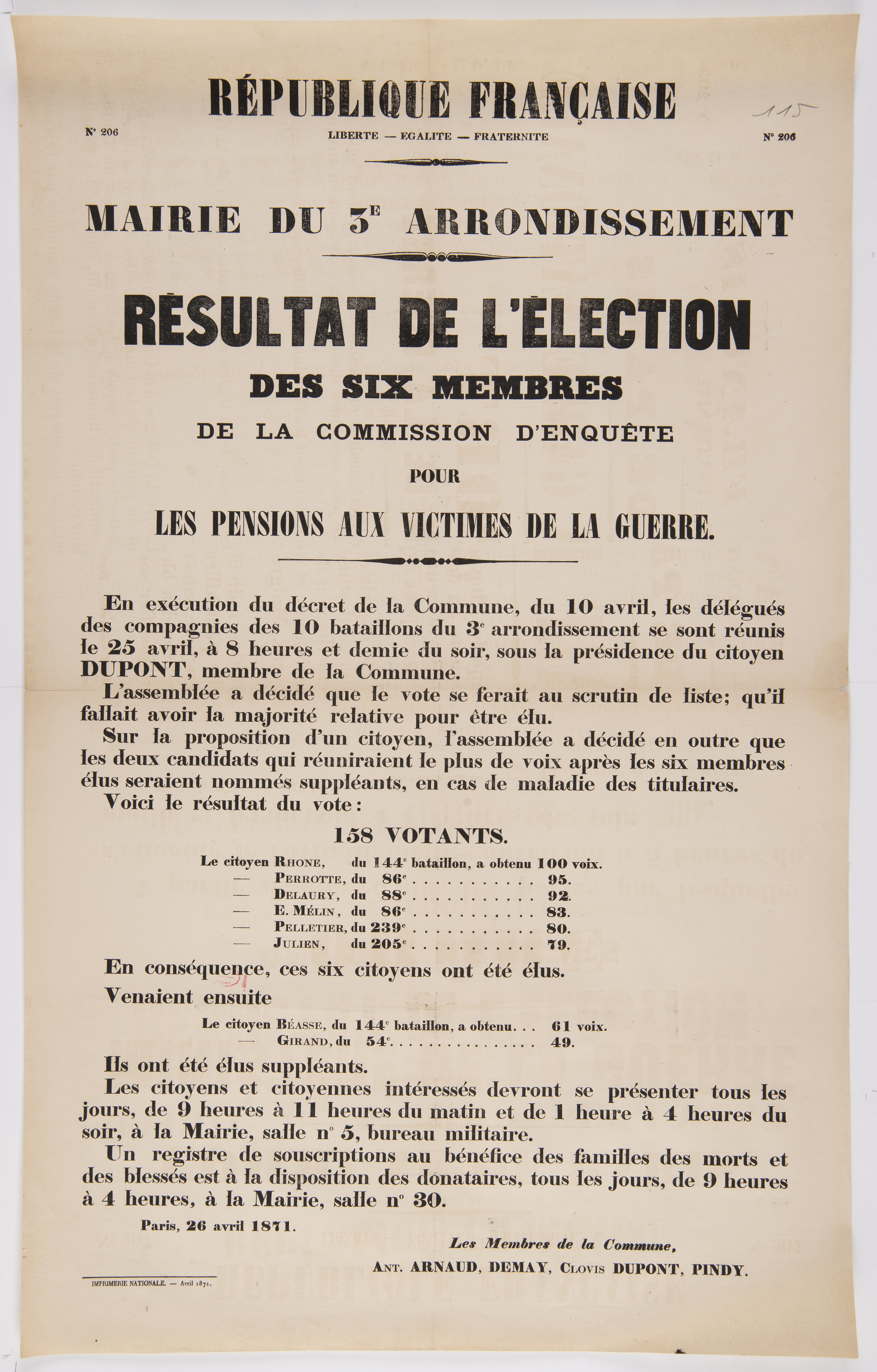 No 206. Mairie du 3e arrondissement. Résultat de l'élection des six membres de la commission d'enquête pour les pensions aux victimes de la guerre. 26 avril 1871.