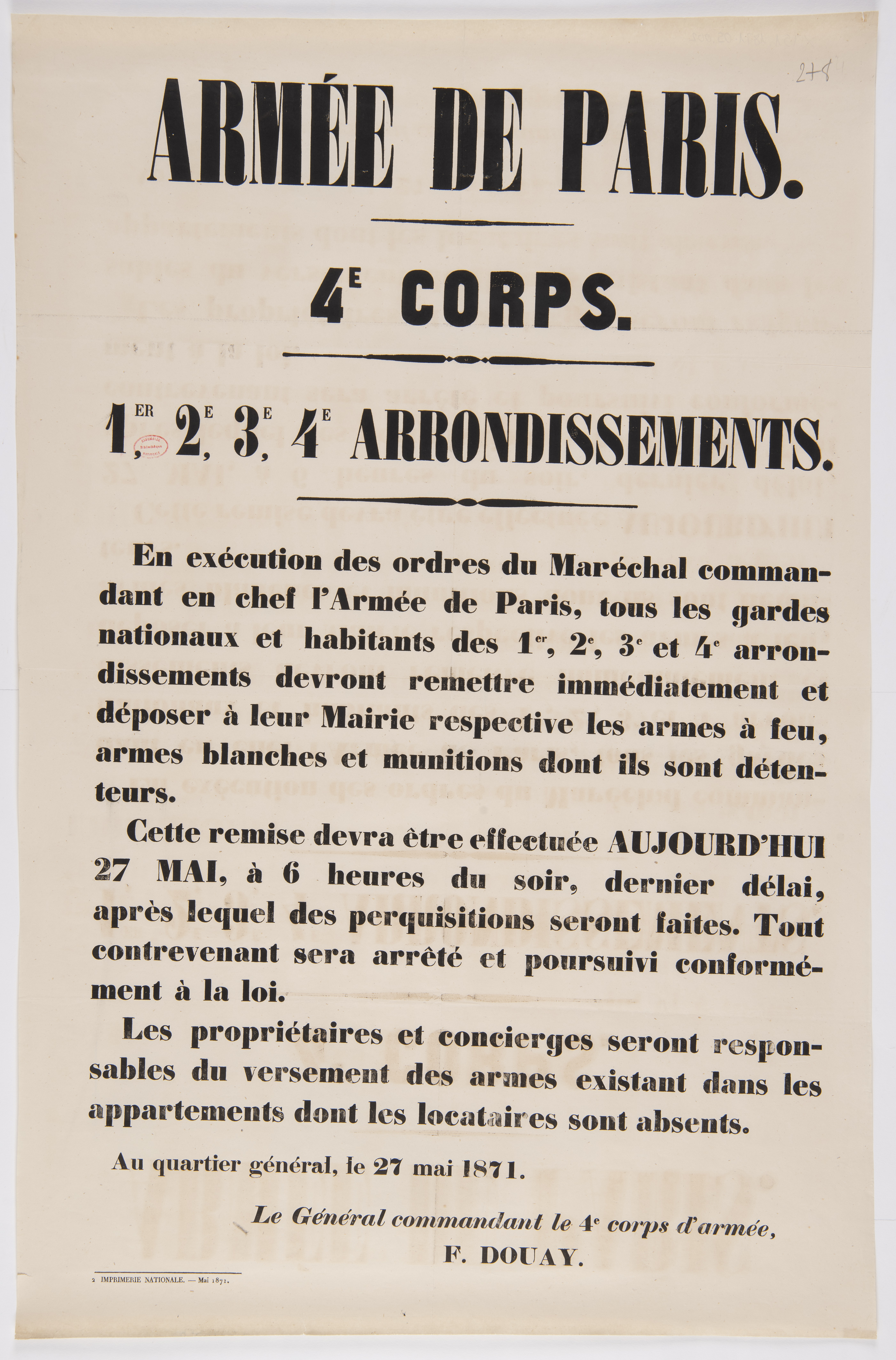 Armée de Paris. 4e Corps. 1er, 2e, 3e, 4e arrondissements. 27 mai 1871.