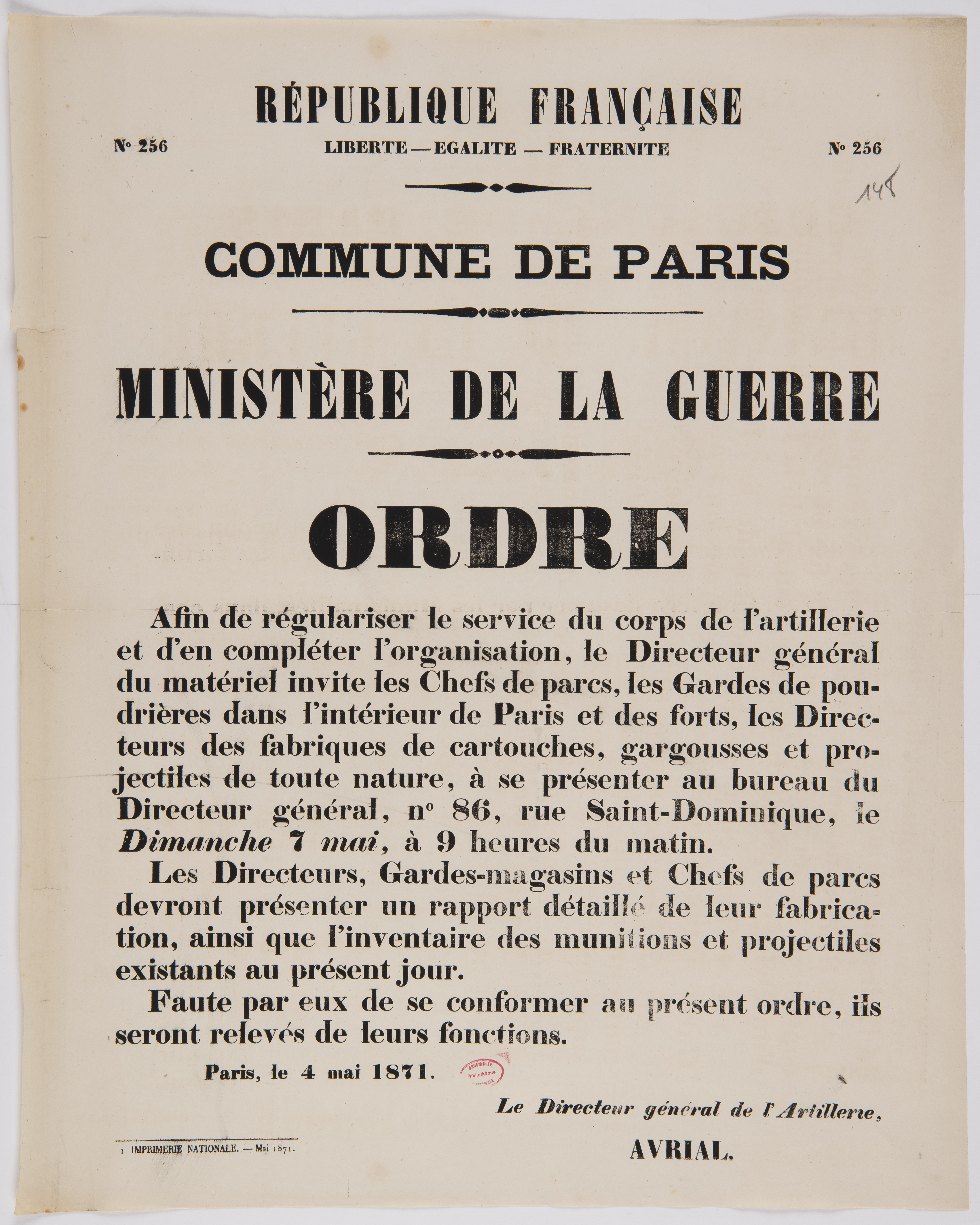 No 256. Commune de Paris. Ministère de la Guerre. Ordre. [Afin de régulariser le service du corps de l'artillerie]. 4 mai 1871.